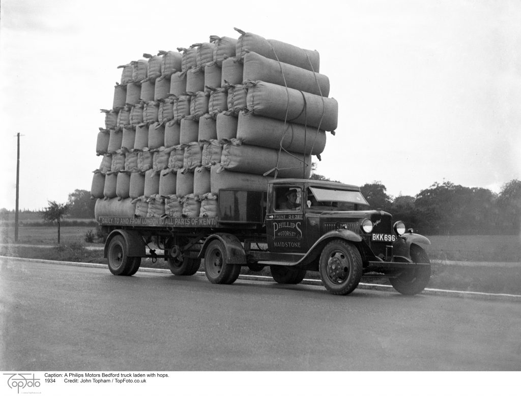 A Philips Motors Bedford truck laden with hops. 1934